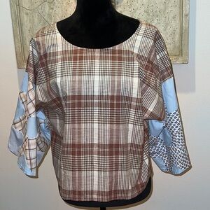 Material plaid cropped plaid quilted look‎ sleeves top blouse Sz L